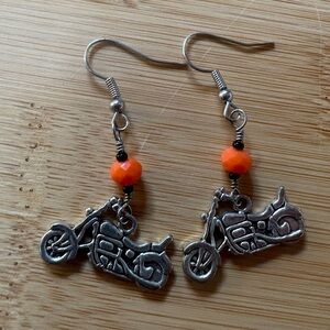 Motorcycle Charm Earrings with Orange and Black Beads